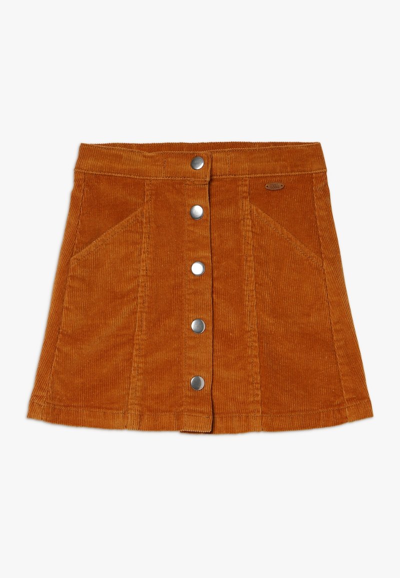 Roestkleurige corduroy mini-jurk met metalen drukknoopjes aan de voorkant en twee schuine voorzakken.