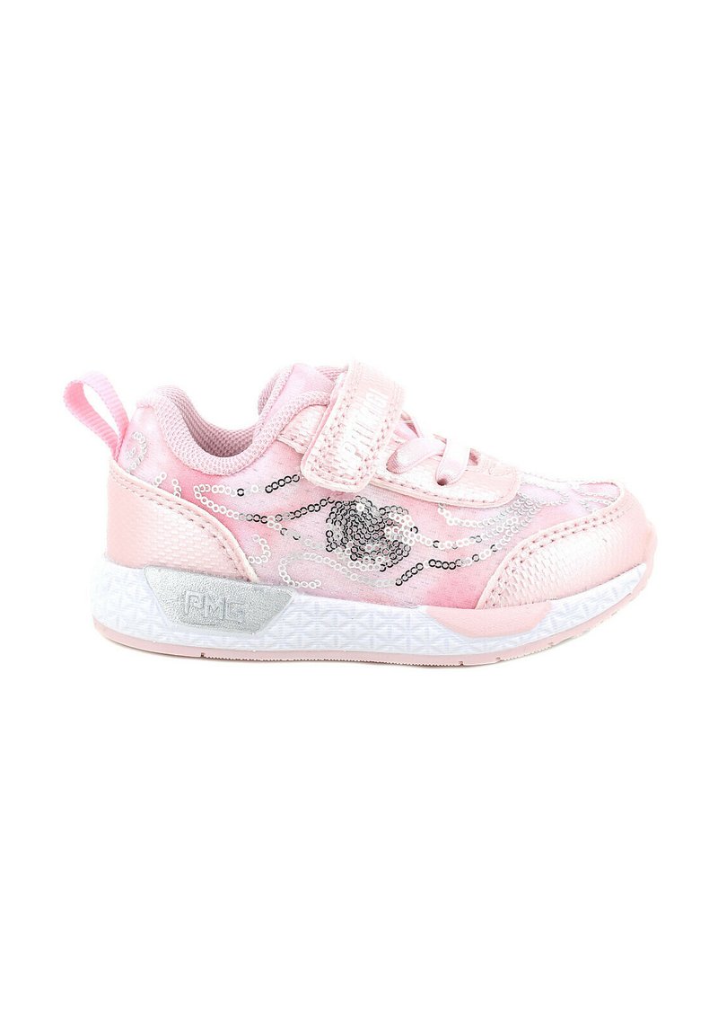 Scarpa sportiva rosa con finitura lucida, tomaia in tessuto, dettagli cuciti, design con paillettes, chiusura in Velcro e suola bianca testurizzata.