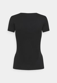 Sort kortærmet T-shirt, tætsiddende design, rund halsudskæring, lavet af blødt stof med en glat tekstur og uden synlige mønstre eller pynt.