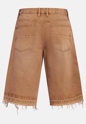 Brown denim shorts with two back pockets, visible stitching, belt loops, and frayed hems.