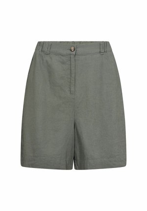 Green shorts made of lightweight fabric, featuring a front button closure, elastic waistband, and a straight cut with subtle texture.