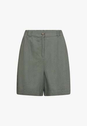 Zielone szorty wykonane z lekkiego materiału, z zapięciem na guzik z przodu, elastycznym pasem i prostym krojem z delikatną teksturą.