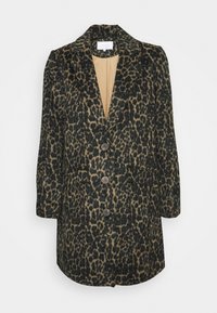 Manteau à imprimé léopard en noir et fauve, fabriqué en tissu texturé, avec un col à revers, une fermeture à boutons et des poches latérales.