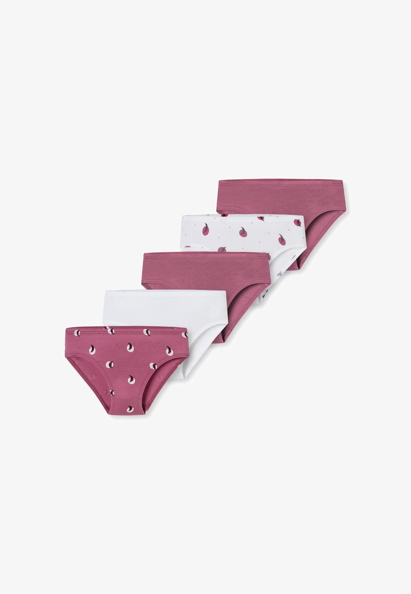 Viisi paria naisten alushousuja eri burgundin ja valkoisen sävyissä. Kuvioina on tasavärisiä vaihtoehtoja sekä malleja, joissa on pieniä vaaleanpunaisia korostuksia.