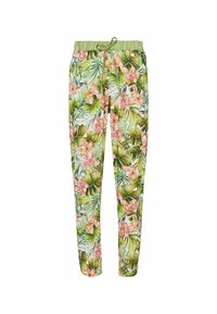 Slim-fit pants with green elastic waistband and tropical print featuring pink flowers and green leaves.