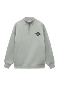 Lichtgroene pullover sweatshirt met een halve rits kraag, losse pasvorm, geribbelde manchetten en een zwart diamanten logo op de linkerborst.