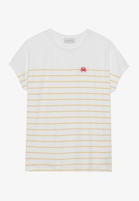 T-shirt blanche avec des rayures horizontales jaunes, manches courtes, et un broderie de crabe rouge sur le devant. Matière en coton doux, col rond.
