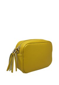 Borsa cosmetica in pelle gialla di forma rettangolare, superficie strutturata, cerniera dorata e nappina decorativa sul lato.