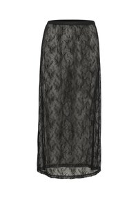Black lace midi skirt featuring a floral pattern, elastic waistband, and sheer fabric with side slits for added detail and movement.