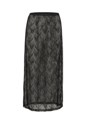 Black lace midi skirt featuring a floral pattern, elastic waistband, and sheer fabric with side slits for added detail and movement.