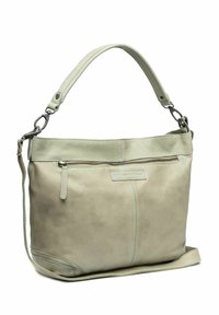 Borsa a tracolla in pelle verde chiaro con una singola tracolla, tasca con zip e superficie liscia. Presenta cuciture sottili e una base piatta.