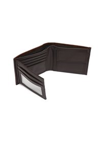 Rudas odinis piniginė su keliais kortelių skyreliais, skaidriu ID laikikliu ir struktūrizuota vidine dalimi. Turinti dvi skiltis, sklandžiai apdirbta.