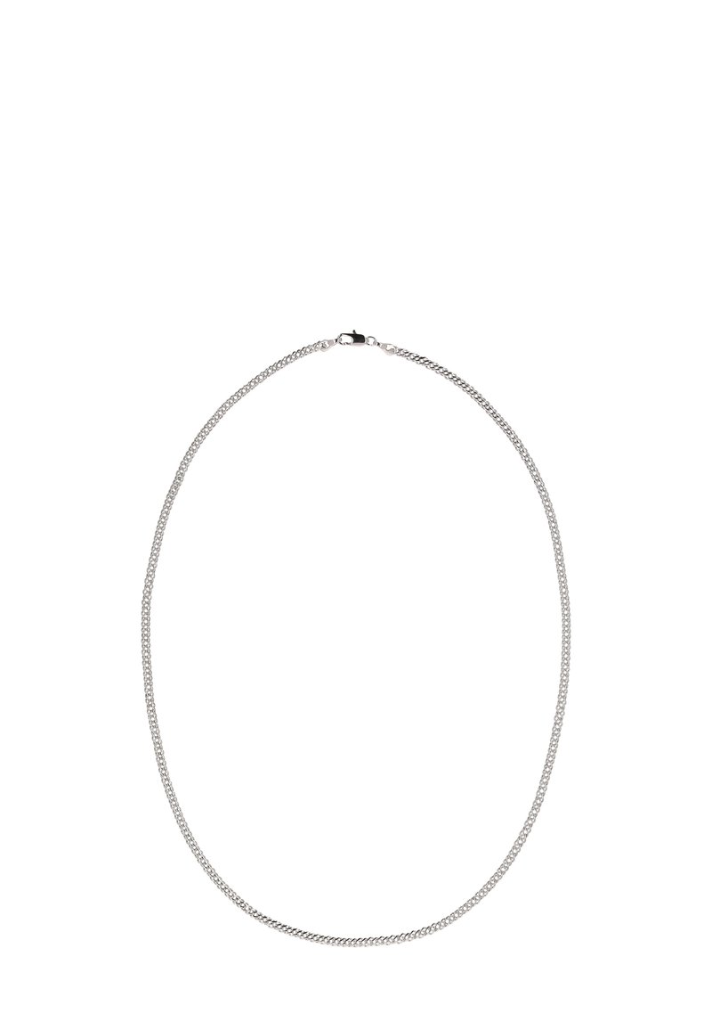 Sølv metal kædethalskæde med en struktureret overflade, der har et rundt leddesign og en fjederlås.