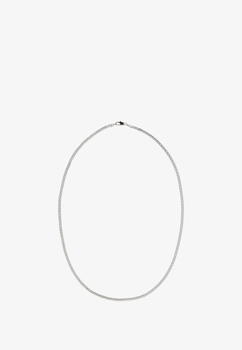 Sølv metal kædethalskæde med en struktureret overflade, der har et rundt leddesign og en fjederlås.