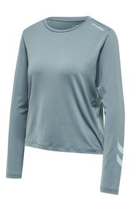 Langærmet Sportstop i lyseblå-grå, lavet af glat stof. Har en rund halsudskæring og chevron-detaljer på ærmerne.