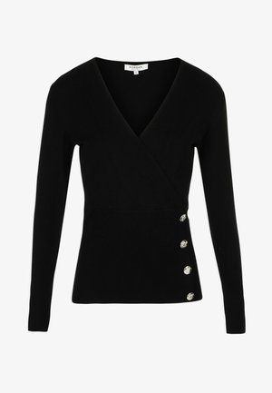 Black long-sleeve top with a wrap design, ribbed texture, and silver button accents on the left side.