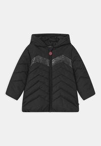 Černá vyp padded bunda s kapucí, jejíž design na hrudi tvoří šípovitý vzor ve stříbrném třpytu a má přední zipové zapínání.