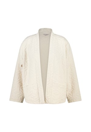 Roomkleurig doorgestikt jack met open voorzijde, lange mouwen en subtiel textuurpatroon van bladeren.