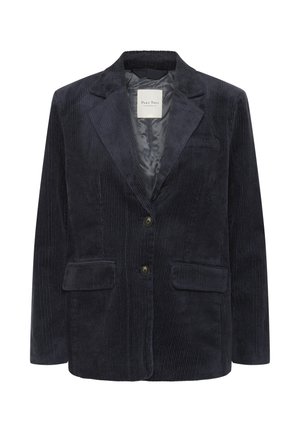 Marineblauer Cordblazer mit Reverskragen, zwei Fronttaschen, einem Knopfverschluss und glattem Innenfutter. Vertikale Rippstruktur.