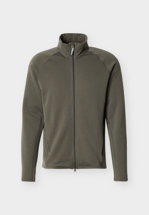 Φούτερ με φερμουάρ όλο το μήκος σε ελιά πράσινο, με ψηλό γιακά, μακριά μανίκια και διακριτικές πλαϊνές τσέπες, εμφανιζόμενο σε απλό λευκό φόντο.