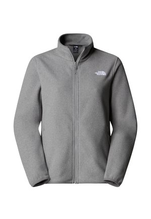 Grauer Fleece-Jacke mit hohem Kragen, durchgehender Reißverschluss-Front und sichtbarem Logo auf der linken Brust. Verfügt über lange, glatte Ärmel und seitliche Taschen.
