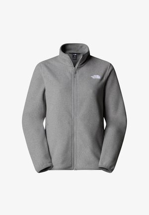 Szara polarowa kurtka z wysokim kołnierzem, pełnym zapięciem na zamek z przodu i widocznym logo na lewej piersi. Posiada długie, gładkie rękawy oraz boczne kieszenie.