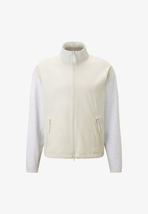 Lightweight zip-up jacket featuring a beige front and gray sleeves. High collar, two side zip pockets, and a smooth texture.