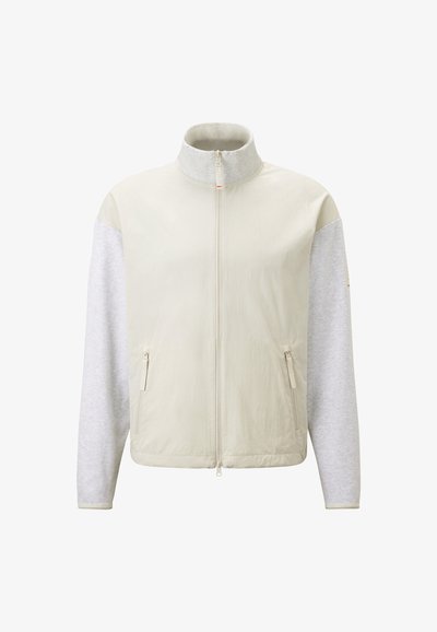 Lightweight zip-up jacket featuring a beige front and gray sleeves. High collar, two side zip pockets, and a smooth texture.