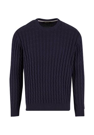 Temno modra pletena pulover z okroglim izrezom, dolgimi rokavi in ribastimi manšetami ter robom. Izdelan iz mehkega, teksturiranega pletenega materiala.