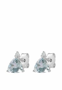 Náušnice zo striebra s modrými trojuholníkovými kamienkami a malým priehľadným kamienkom nad nimi, ktoré majú lesklý povrch a bezpečné zapínanie.