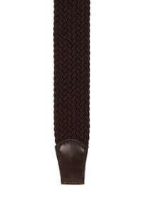 Cinturón de tela trenzada en color marrón con un extremo de cuero marrón liso. La textura es tejida, lo que proporciona flexibilidad y un ajuste seguro.
