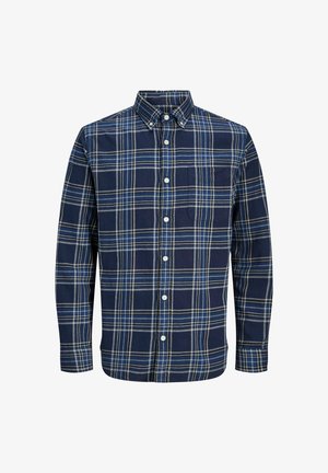 Granatowa bawełniana koszula w kratę w jasnoniebieskim i białym kolorze, z kołnierzykiem zapinanym na guziki, pełnymi rękawami i kieszenią na piersi.