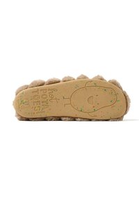 Suela de pantufla en tono marrón claro con una superficie texturizada, acentos de pom-pom marrón esponjoso y un diseño de patata de dibujos animados en el centro, salpicado de color.