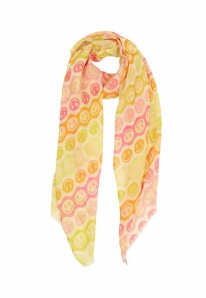 Leichter Schal mit gelben, orangefarbenen und pinkfarbenen Smiley-Mustern auf einem weichen, durchscheinenden Stoff.