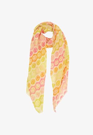 Leichter Schal mit gelben, orangefarbenen und pinkfarbenen Smiley-Mustern auf einem weichen, durchscheinenden Stoff.