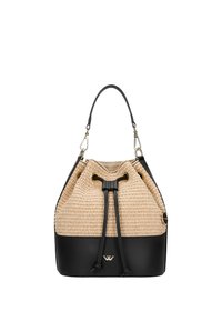 Borsa a secchiello con parte superiore in paglia intrecciata e fondo in faux leather nero. Dotata di chiusura con coulisse e un solo manico con accessori in metallo dorato.