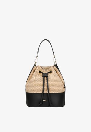 Torba typu bucket z plecionego słomkowego wierzchu i czarnym ekologicznym skórzanym dnie. Posiada zapięcie na sznurek oraz pojedynczy uchwyt z wykończeniem w kolorze złota.