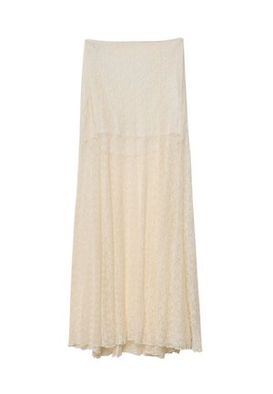 Gonna maxi in pizzo crema con design a strati, tessuto testurizzato e silhouette fluida. Presenta una vita liscia e un motivo sottile.