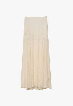 Lace maxi nederdel i cremefarvet med lagdelt design, tekstureret stof og en svævende silhuet. Har en glat talje og et diskret mønster.
