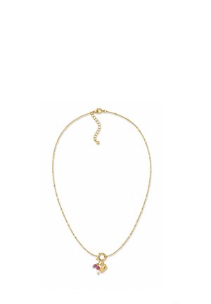 Zarte Goldkette mit herzförmigem Anhänger und kleinen lila, pinken und weißen Perlenakzenten, mit verstellbarem Verschluss.