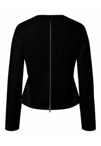 Haut noir à manches longues avec un col rond et une fermeture éclair au milieu du dos, présentant une texture lisse et une silhouette ajustée.