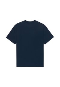 T-shirt bleu marine uni à manches courtes, vu de dos sur un fond blanc.