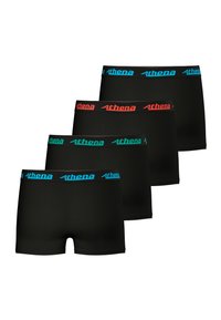 Boxers noirs avec ceinture élastique en bleu et rouge, marqués "Athena". Texture lisse et design classique, quatre pièces présentées.