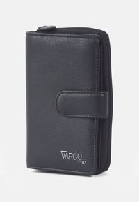 Black leather wallet with a textured finish, zip-around closure, and a snap button. Features a logo embossed on the front. Compact design.