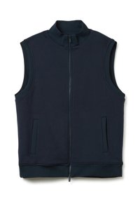 Gilet senza maniche blu navy con colletto alto, zip frontale e due tasche laterali. Realizzato in tessuto morbido e liscio con una trama semplice.