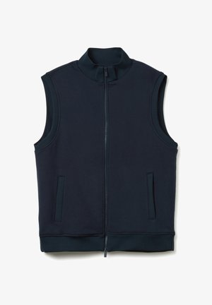 Gilet senza maniche blu navy con colletto alto, zip frontale e due tasche laterali. Realizzato in tessuto morbido e liscio con una trama semplice.