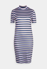 Vestido riscado em tecido elástico, com decote alto, mangas curtas e riscas horizontais em tons de azul, rosa e preto.