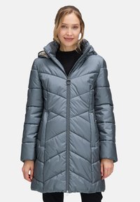 Padded gray coat with a zippered front, hood, and chevron stitching. Features side pockets and a mid-thigh length design. Smooth texture.