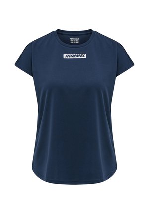 Marineblå sports T-shirt med korte ærmer, rund halsudskæring og hvidt "HUMMEL"-logo centreret på brystet.