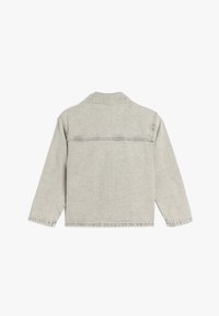 Chaqueta de mezclilla gris con cuello, mangas largas y corte recto. Presenta costuras visibles y un detalle en el yugo trasero.